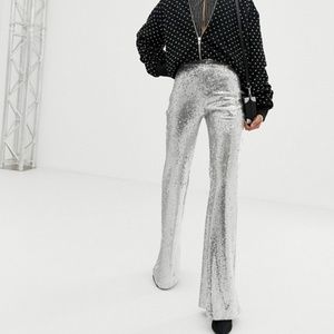 Bershka Sequin High-Waisted Pants in Silver